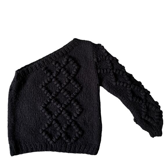 Flat White Anthropologie Sweater Womens Medium Black Bobble One‎ Shoulder Chunky - Picture 2 of 6